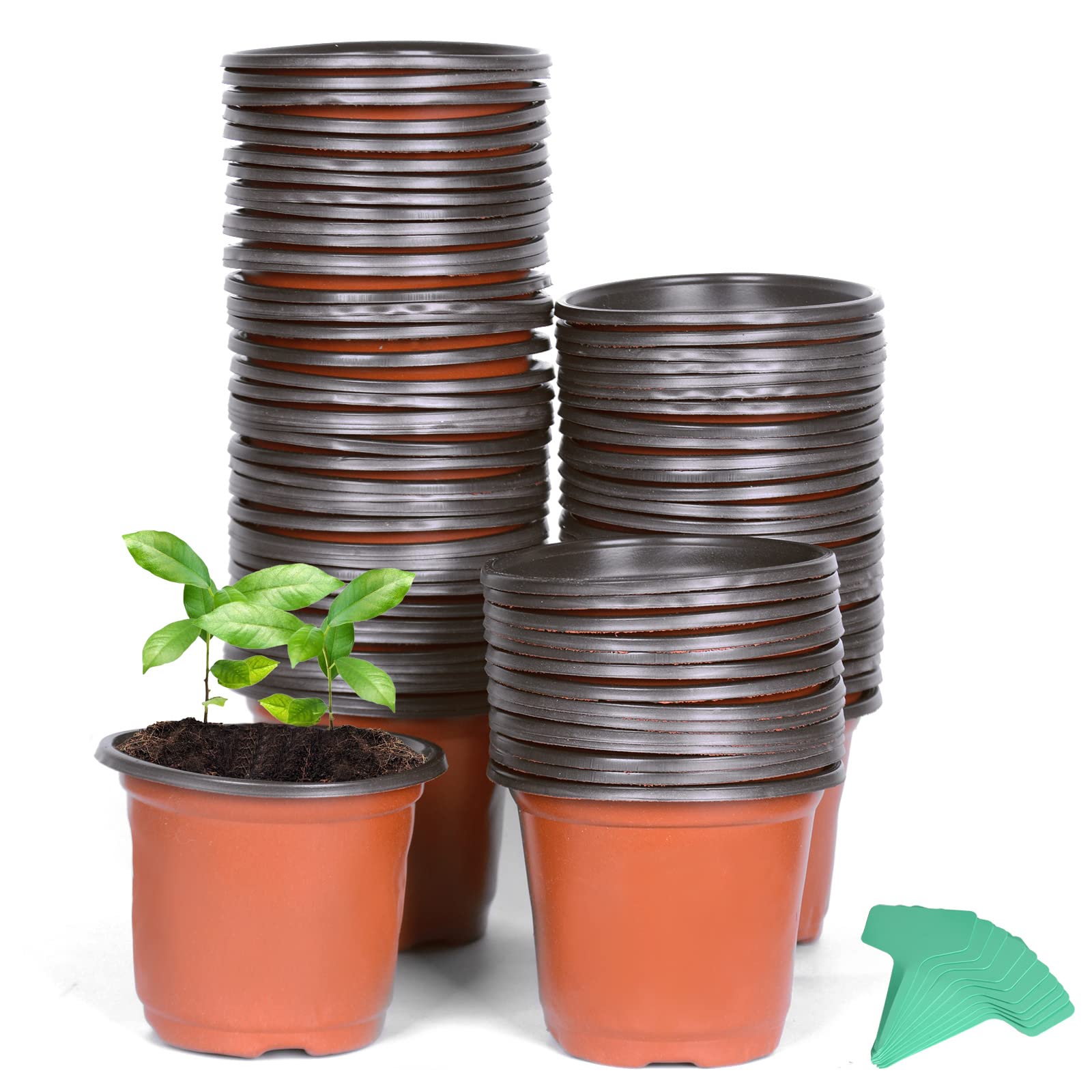 Cymax 100 Pack 10cm Plants Nursery Pots with Plant Lables,Reusable Plant Seeding Plastic Plant Flower Container Seed Starting Pots for Succulents,Herb,Vegetables,Seedlings, Transplanting