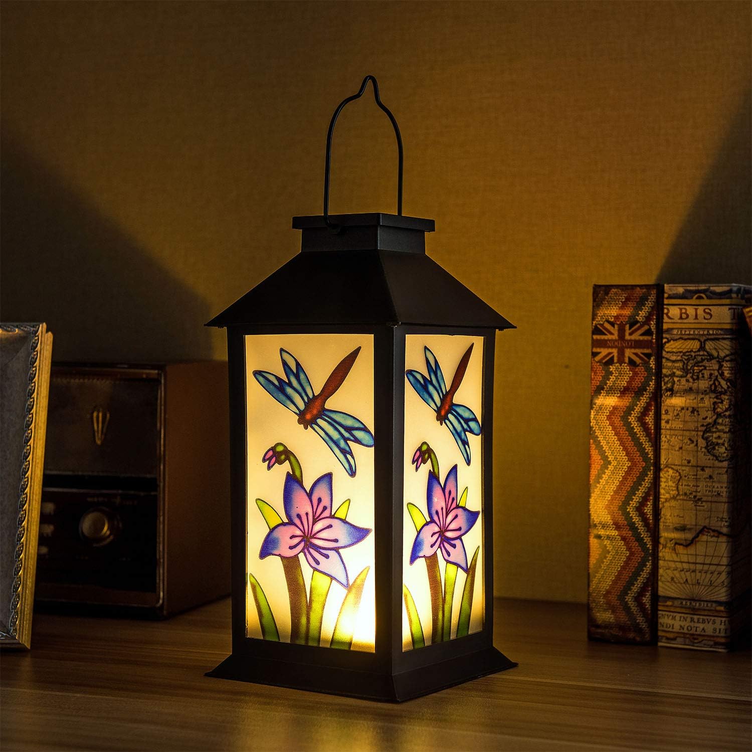 Solar Lanterns Outdoor Hanging Decorative Solar Lights for Garden Patio Courtyard and Tabletop,Large Solar Lantern 8x11 inch. with Dragonfly Pattern.