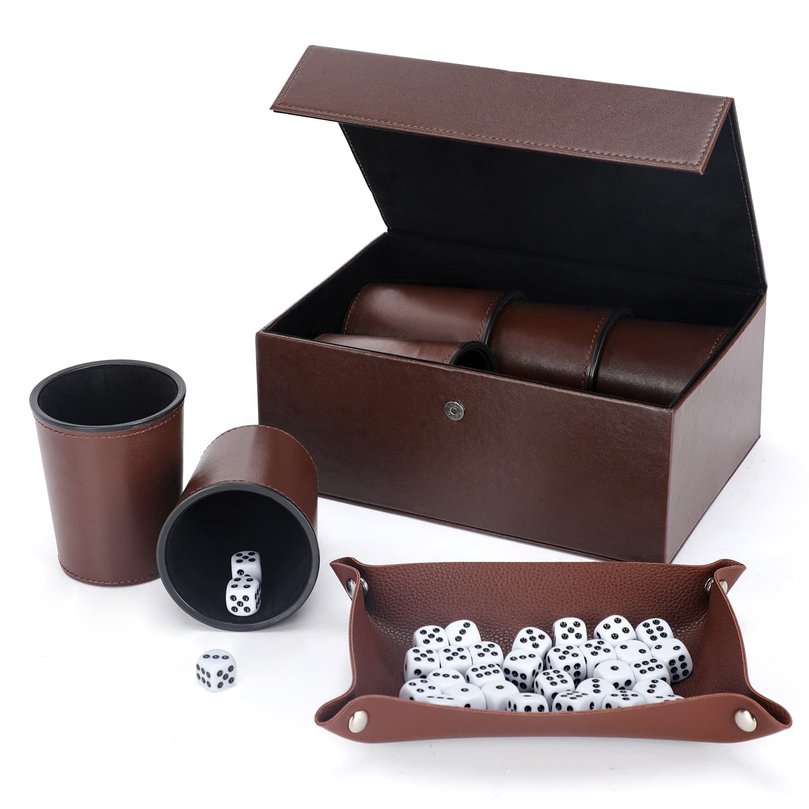 X SIM FITNESSX Leather Dice Cup Set, 6 Dice with Cups + 30 Dot Dices + Exclusive Storage and Transport Case Made of Faux Leather with Magnetic Closure