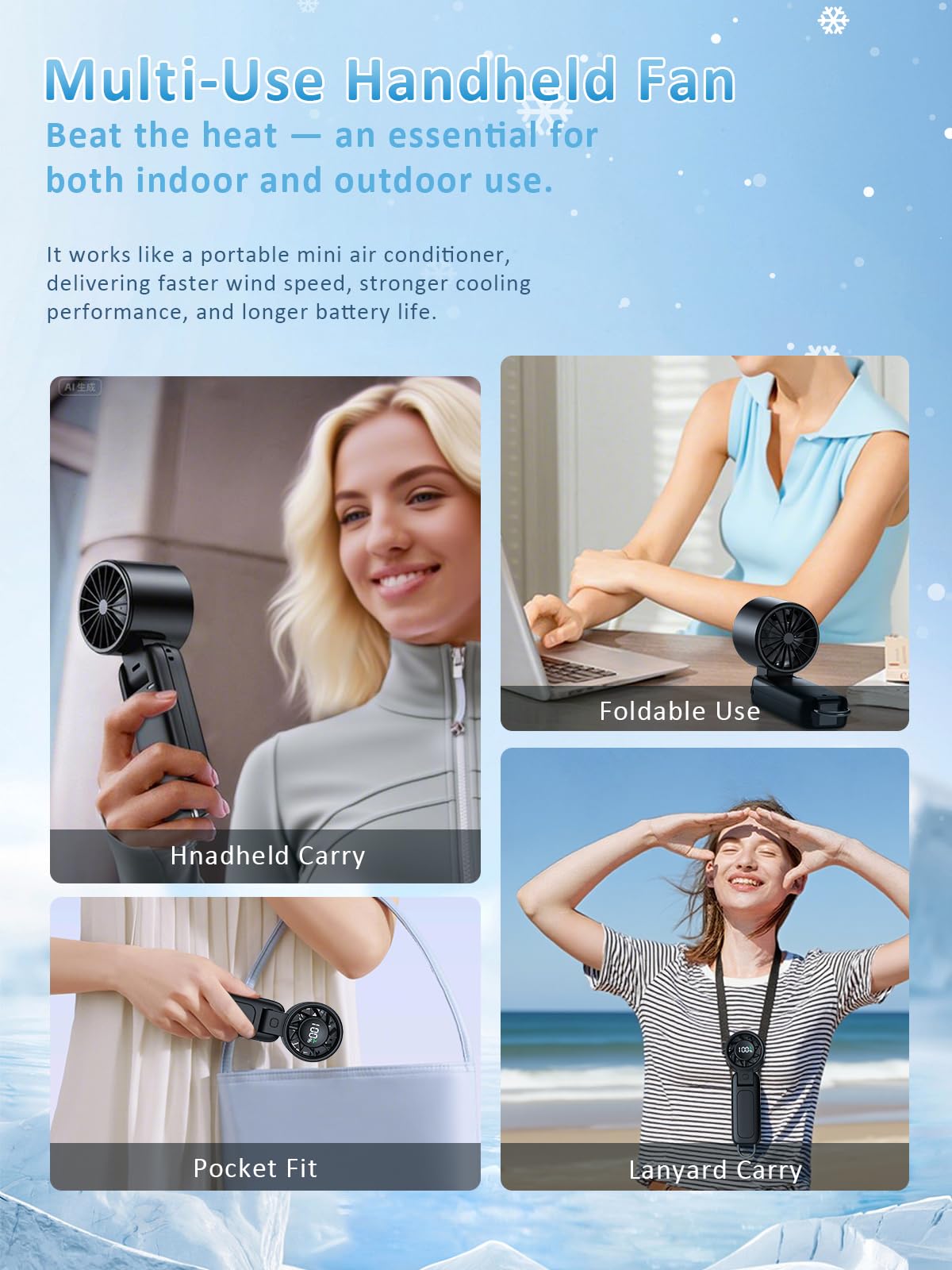 4 in 1 Portable Handheld Turbo Fan, 9000RPM High-Speed Mini, 180° Foldable, 1-100 Speeds, Up to 15H Use, 5000mAh Battery, Powerful Personal Cooling, Hand Held Fan for Travel, Indoor & Outdoor