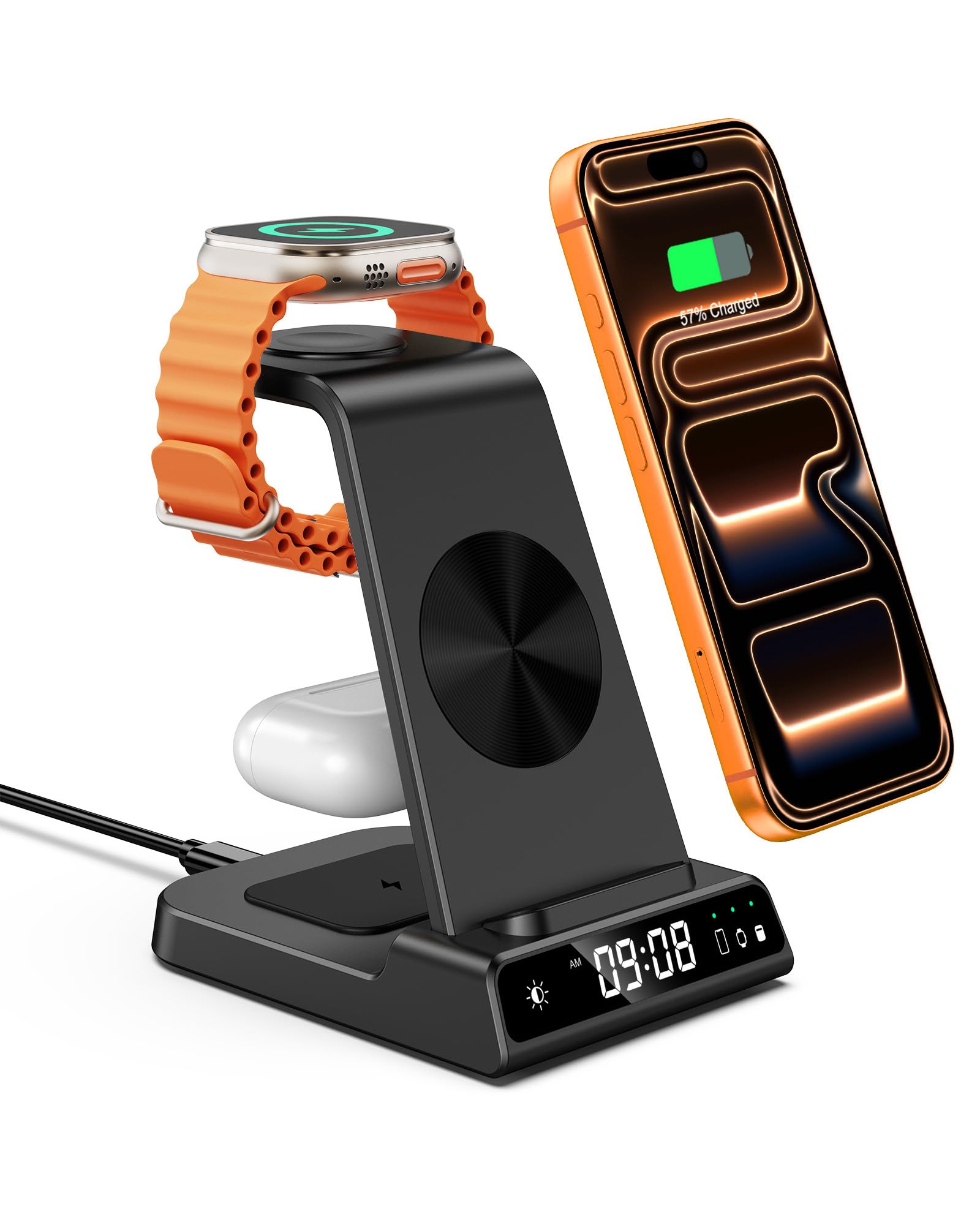 Charging Station for iPhone 17, 3 in 1 Wireless Charger for iPhone Air/16/15/14/13, Charging Stand for Apple Watch Ultra/11/10/9/8/7/6, Charging Dock with Clock for AirPods Pro/4/3/2 (No Adapter)