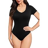 Laughido Women's V Neck Short Sleeve Fitted Bodysuit Summer Basic Casual Double Lined Tee Shirt Tops
