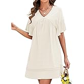 Gardenwed Women's V-Neck Midi Dress, Short Flutter Sleeve Loose Fit Babydoll Casual Summer Beach Dress
