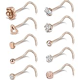 Tornito 20G 10Pcs Stainless Steel Nose Screw Studs Rings CZ Nose Ring Labret Nose Piercing Jewelry for Men Women Silver Rose Gold Tone