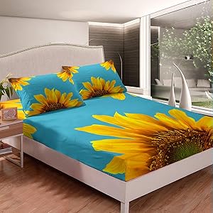 Erosebridal Sunflower Sheet Set for Kids Boys Girls Teens, Romantic Flowers Bedding Set Queen Size, Yellow Floral Fitted Sheet Petal Garden Rustic Bed Cover Adult Bedroom Decor, Teal Blue