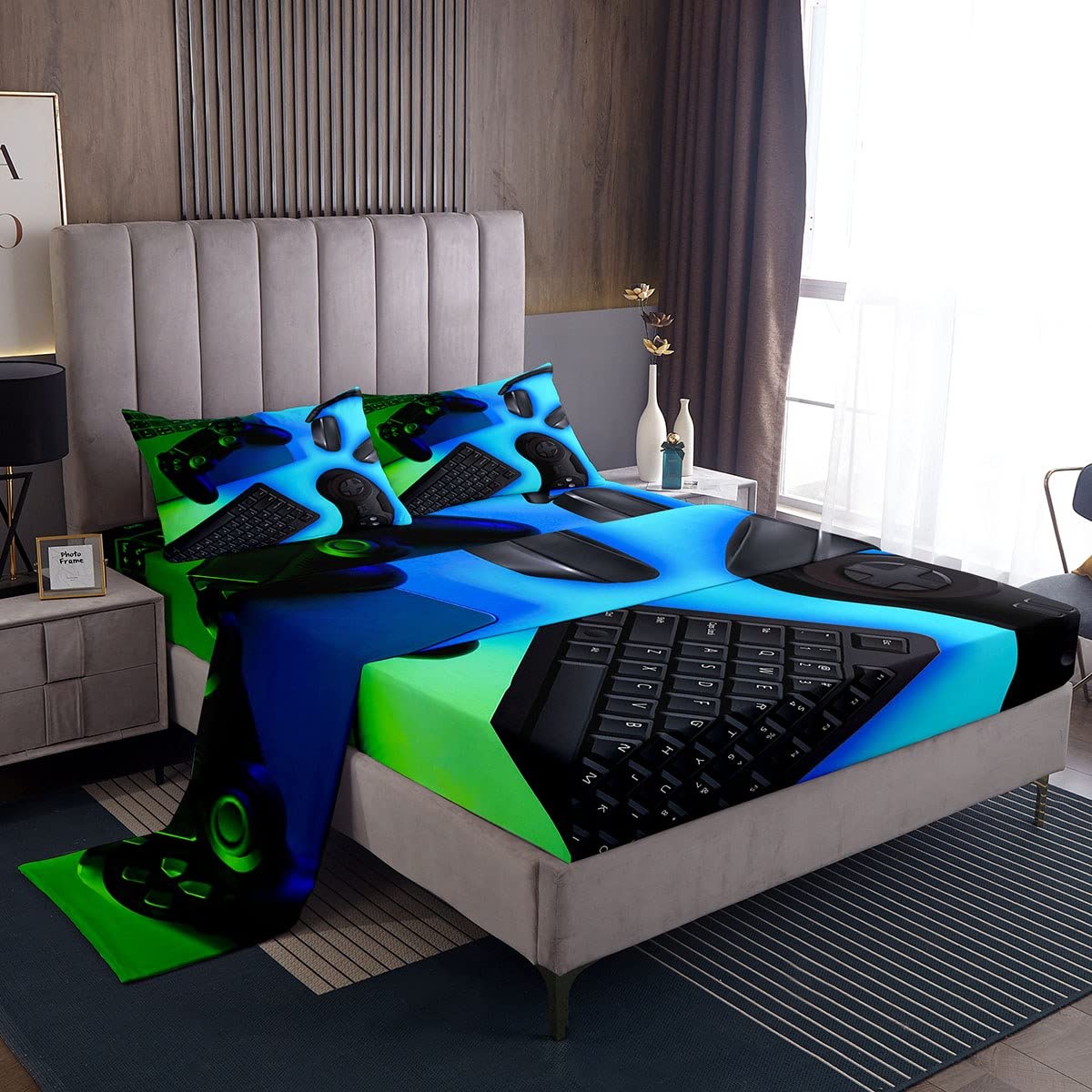 Gamer Bedding Set Gaming Comforter Cover for Kids Boys Girls Teens Video Game Bed Sheet Set Breathable Black Blue Gamepad Bed Cover Double Size