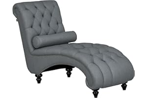 HOMCOM Button Tufted Chaise Lounge Chair Indoor Upholstered Lounge Chair with Bolster Pillow Wood Legs Nailhead Trim for Livi