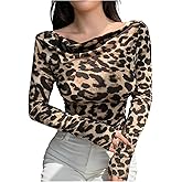 SweatyRocks Women's Cowl Neck Leopard Print Fitted T Shirts Long Sleeve Going Out Tops