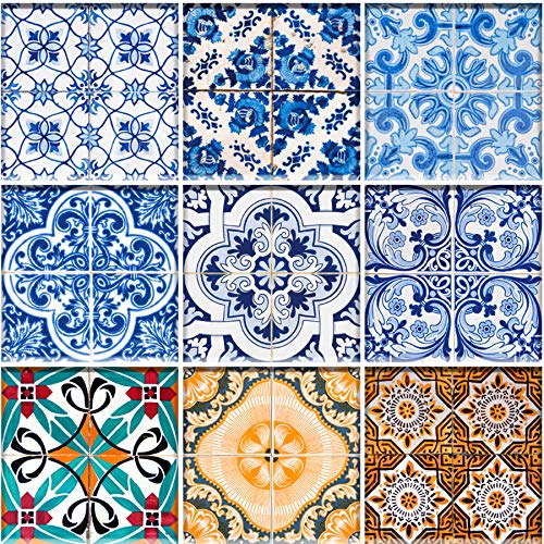 Mi Alma Talavera Tile Stickers – 24-Pack, 4x4 Inch, Peel & Stick, Light Blue, Waterproof, Residue-Free, For Bathroom, Kitchen, Walls (Not For Floors)