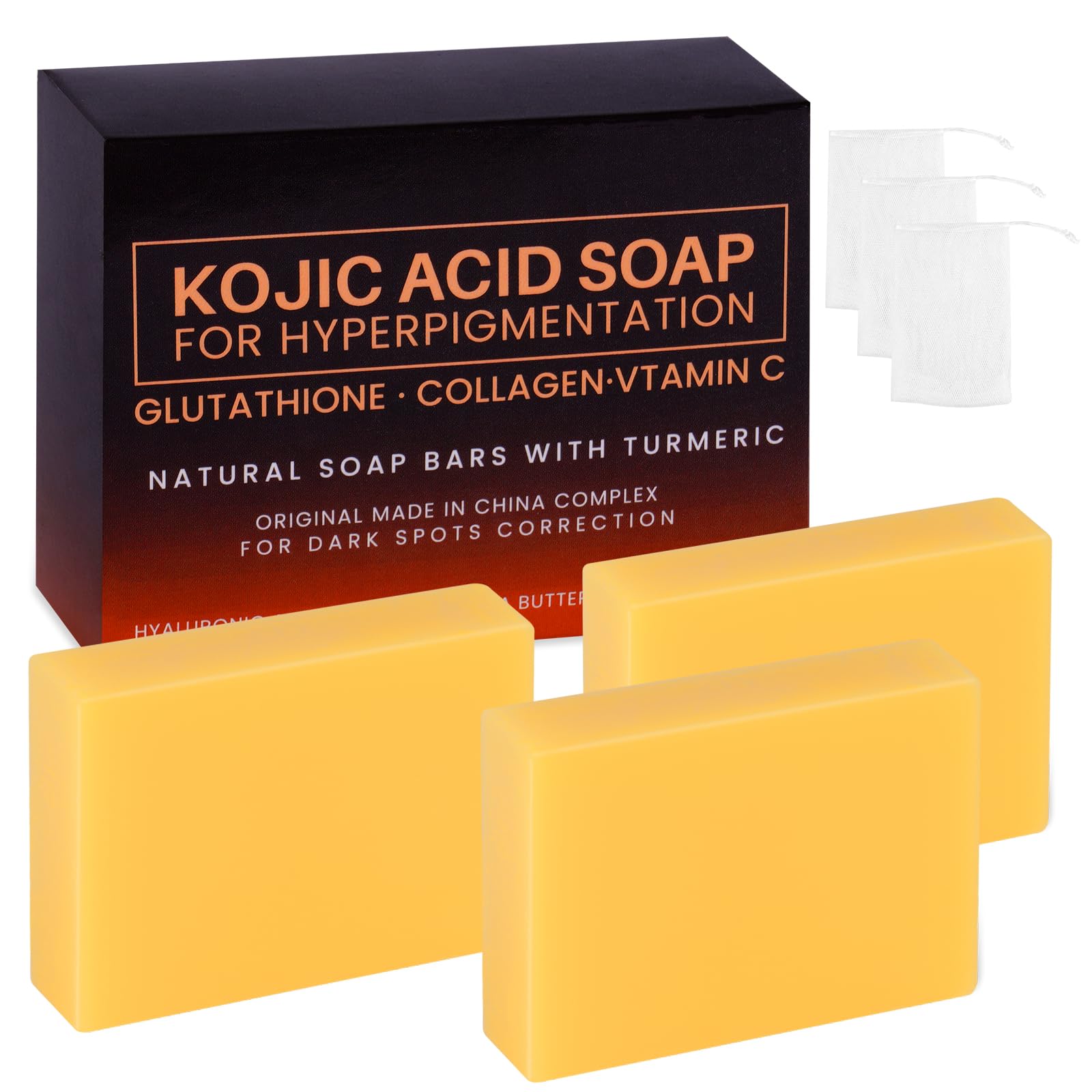 Pure Kojic Acid Skin Brightening Soap Bar, 3x100g for Face & Body, Helps Even Skin Tone & Dark Spots, Gentle Exfoliating & Moisturizing Treatment with Foaming Net, 300g Total