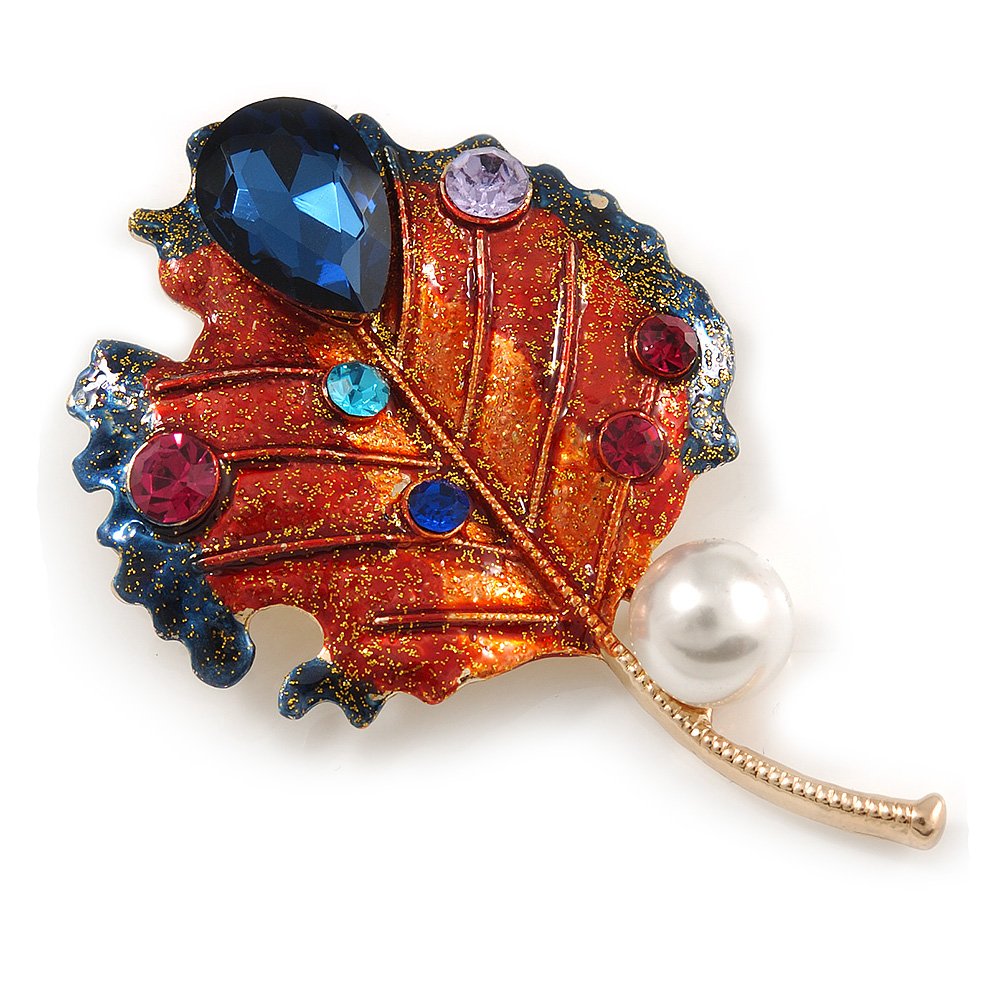 Vintage Inspired Multicoloured Crystal Enamel Leaf Brooch/Pendant In Gold Tone - 74mm L