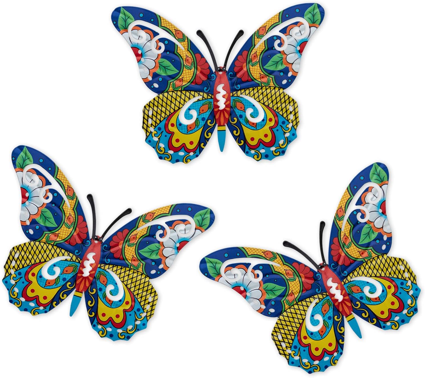 Plaques & Wall Art - Scwhousi Metal Butterfly Mexican Pottery Outdoor Decor,Talavera Garden Decor,Butterfly Wall Art Set of 3,Butterfly Wall Sculpture Hanging Decorations for Garden Patio