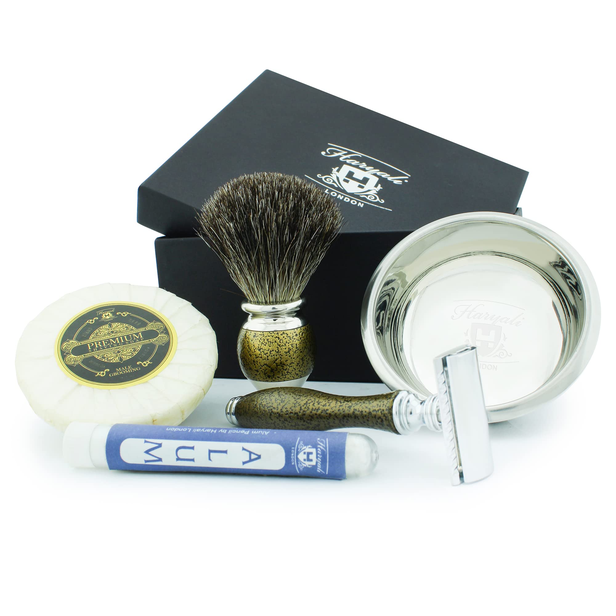 Haryali London Mens Shaving Kit, 5pc Shaving Brush Set, Gold Antique, Grooming Set, Badger Hair Shaving Brush, Double Edge Safety Razor, Shaving Soap and Stainless Steel Bowl, Aftershave Alum Stick