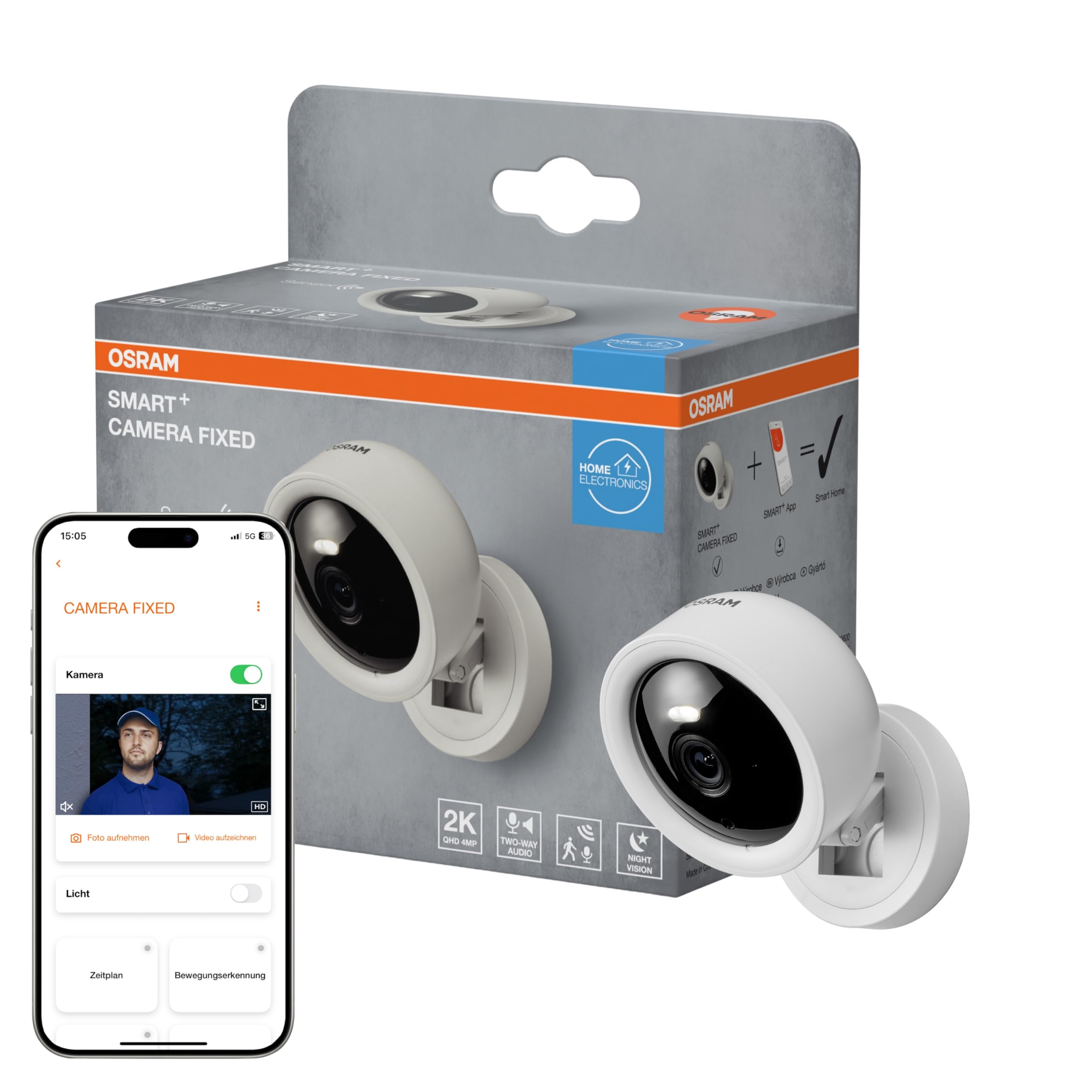 Osram SMART+ WiFi Kamera 4MP 2K QHD, Nachtsicht 7m, Zwei-Wege-Audio, microSD 256GB, Alexa kompatibel, Indoor Weiß