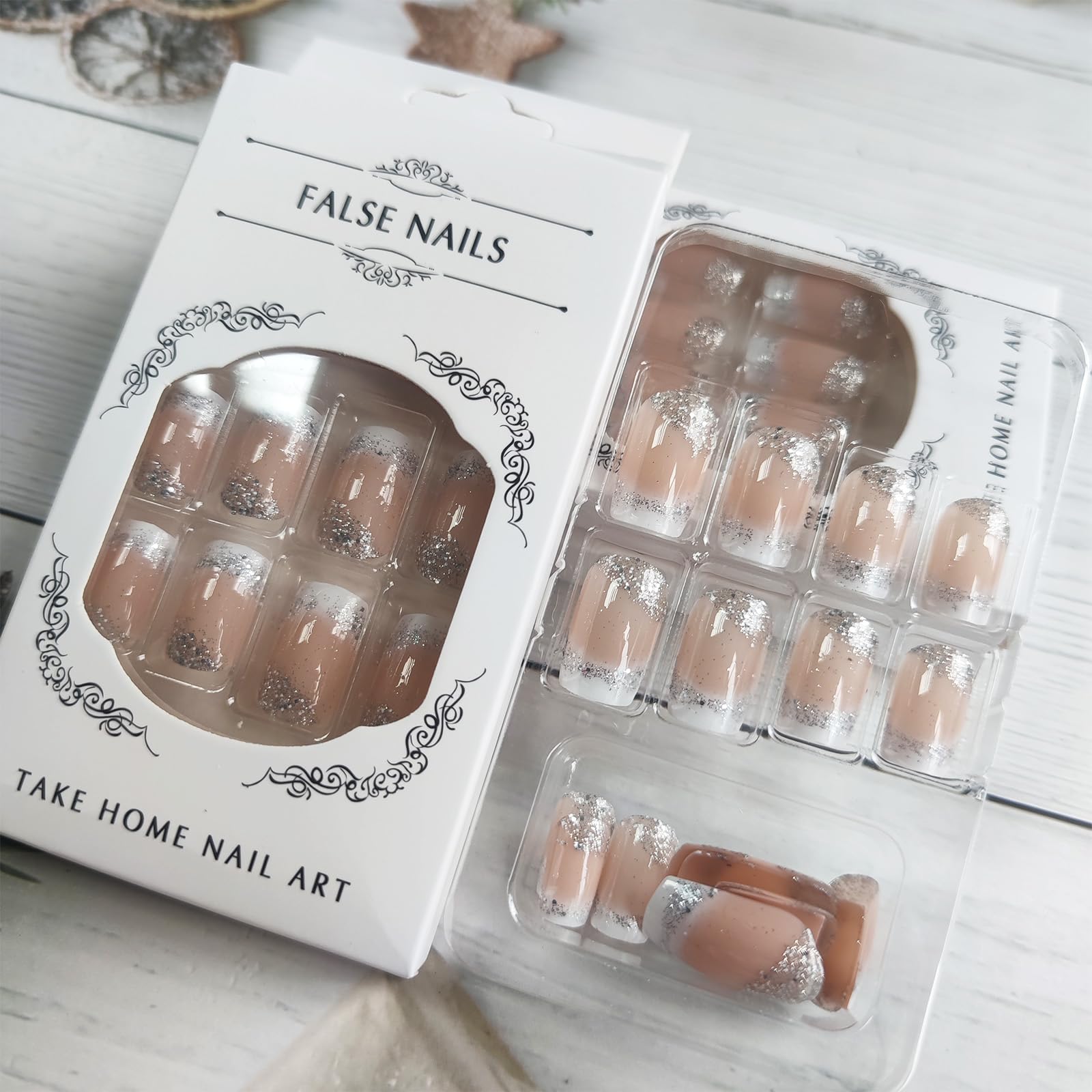 White French Tips Press on Nails 24Pcs Glossy Silver Glitter Acrylic Fake Nails Sparkly False Nail Milky Way Gel Glue on Nail Stars Stick on Medium Square Fingernails for Coquette Women Girls - Image 3