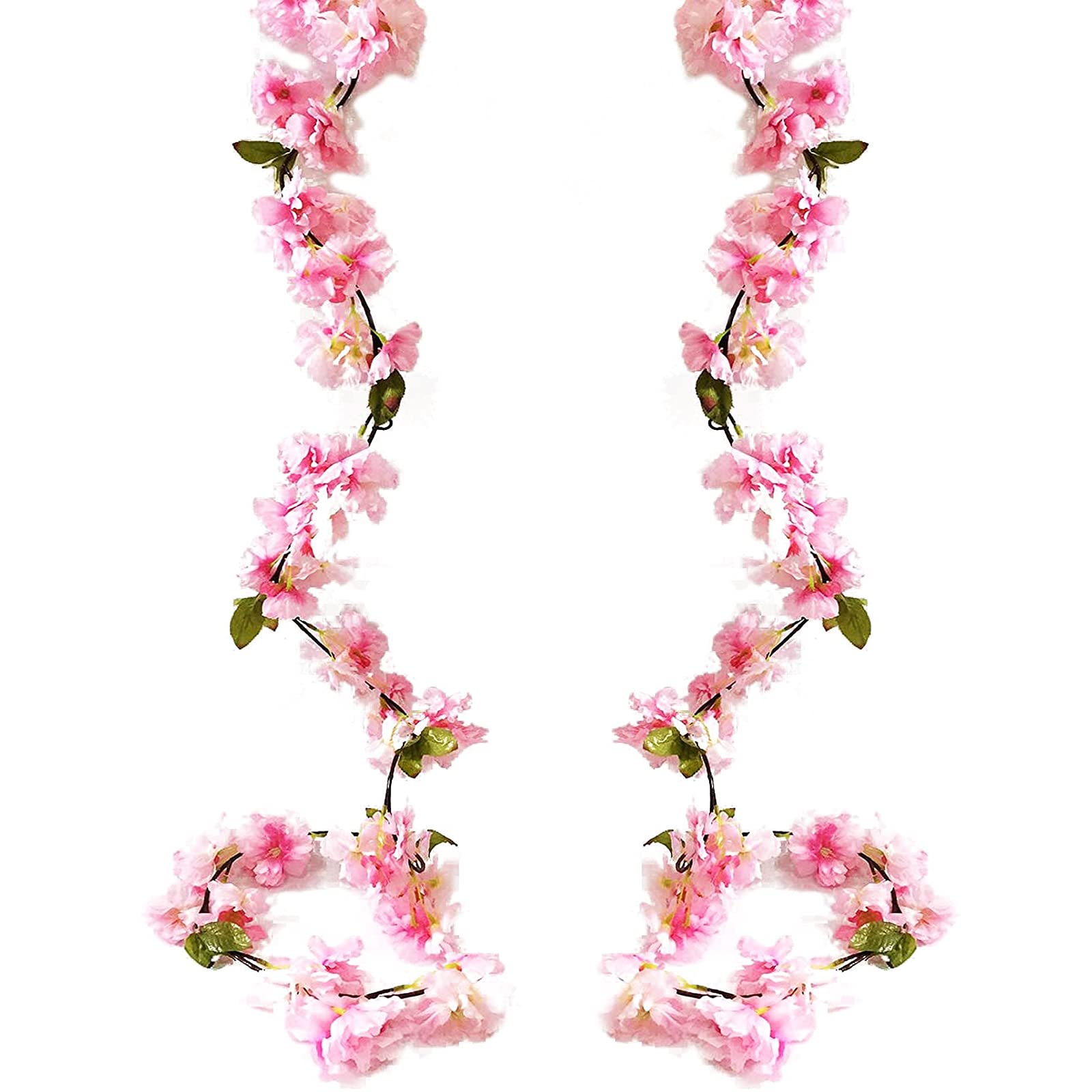 2 Pack 5.9FT Artificial Cherry Blossom Garland Hanging Vine Fake Cherry Blossom Flower Silk Floral Garland Fake Flowers Vine with Green Leaves for Home Garden Fence Wedding Party Craft Art Decoration