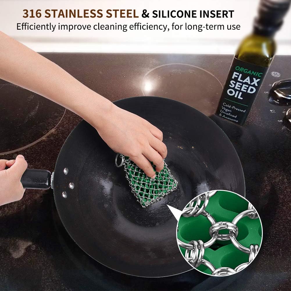 Herda Cast Iron Skillet Cleaner,Upgraded Chainmail Scrubber Set Silicone Insert with Bamboo Fiber Cloth,316 Stainless Steel 3D Chain Metal Scrubber Scraper for Castiron Pan,Griddle,Baking Pan (Green): Health & Personal Care