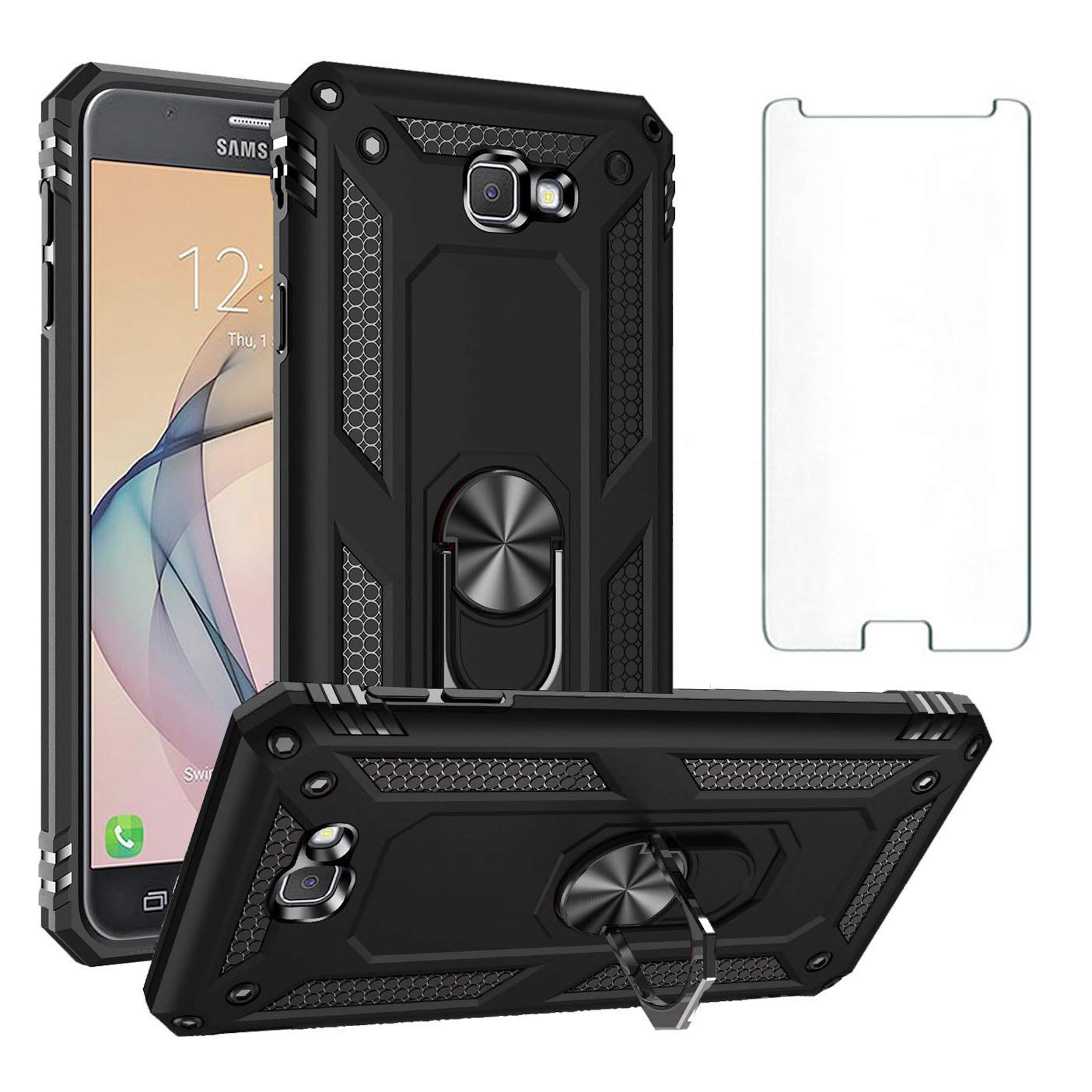 Phone Case for Samsung Galaxy J7 Prime/SM-G610f/ds with Tempered Glass Screen Protector Stand Ring Holder Shockproof Silicone Heavy Duty Accessories Magnetic Metal Hard On7 On 7 J7prime 2017 Black