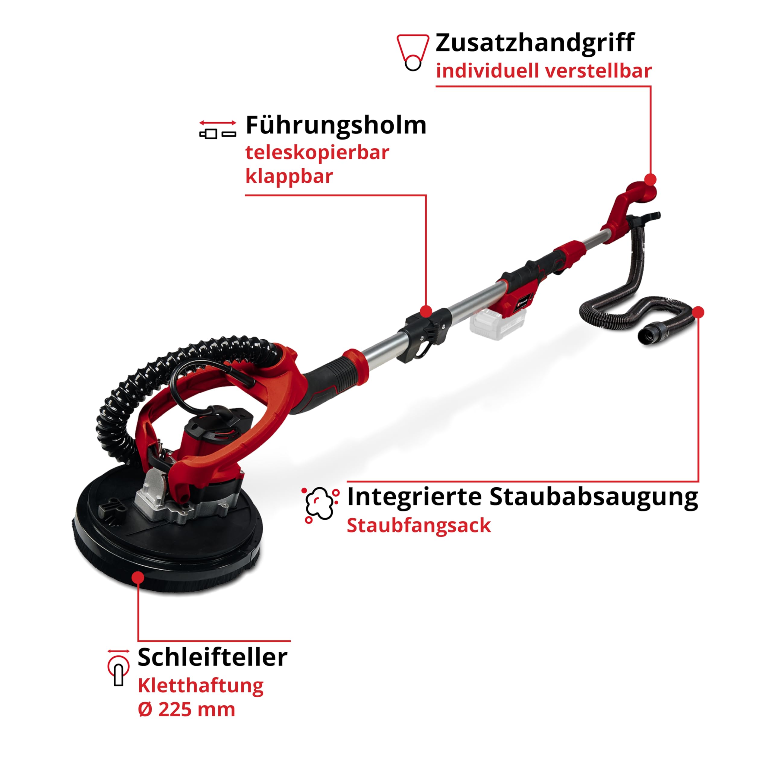Einhell Akku-Trockenbauschleifer TP-DW 18/225 Li - Solo Power X-Change (Lithium-Ionen, inkl. Verlängerungsschlauch, Staubfangsack, Schleifpapier uvm. ohne Akku und Ladegerät) 3