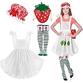 GANSHAYA 4 Pcs Halloween Strawberry Cake Costume Strawberry Hat Bonnet Apron Thigh High Socks Bag for Halloween Party Cosplay Dress Up