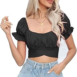 COOUFE Women's Crop Tops Ruffle Short Sleeve Tie