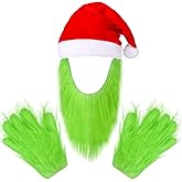 Hxezoc Green Monster Costume Accessories Christmas Plush Beard Santa Hat and Furry Gloves for Kids Adults Novelty Cosplay Costume Christmas Holiday Party Props Supplies