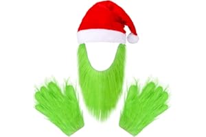 Hxezoc Green Monster Costume Accessories Christmas Plush Beard Santa Hat and Furry Gloves for Kids Adults Novelty Cosplay Costume Christmas Holiday Party Props Supplies
