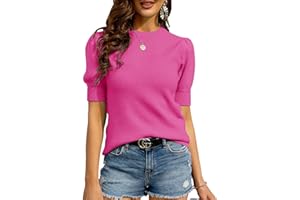 Bodosalia Womens Puff Short Sleeve Sweater Crew Neck Pullover Tops Ribbed Knit Sweater Blouse