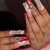 Aegenacess Press On Nails Square - Red Press On Nails Extra Long, Luxurious Glue On Nails with 3D Butterfly Rhinestones, Semi-Transparent Nude Stick On Nails, Handmade 24PCS Fake Nails in 12 Sizes