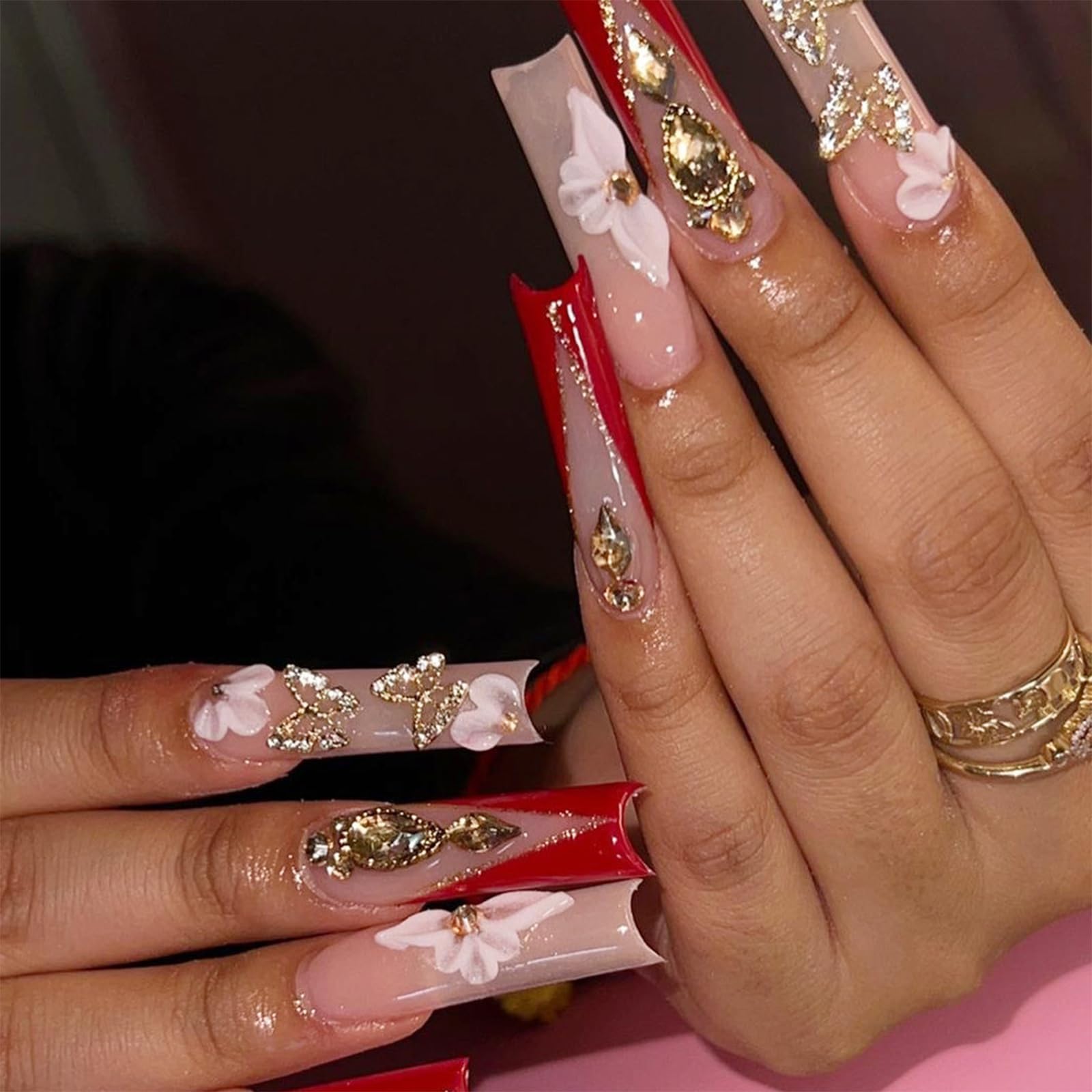 Photo 1 of Aegenacess Press On Nails Square - Red Press On Nails Extra Long, Luxurious Glue On Nails with 3D Butterfly Rhinestones, Semi-Transparent Nude Stick On Nails, Handmade 24PCS Fake Nails in 12 Sizes