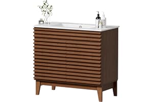 APRILSOUL 36" Bathroom Vanity with Ceramic Sink, Mid-Century Bathroom Vanity Cabinet with 2 Soft Closing Doors, Freestanding Bathroom Cabinet, Particleboard Frame with Wood Grain Laminate, Walnut