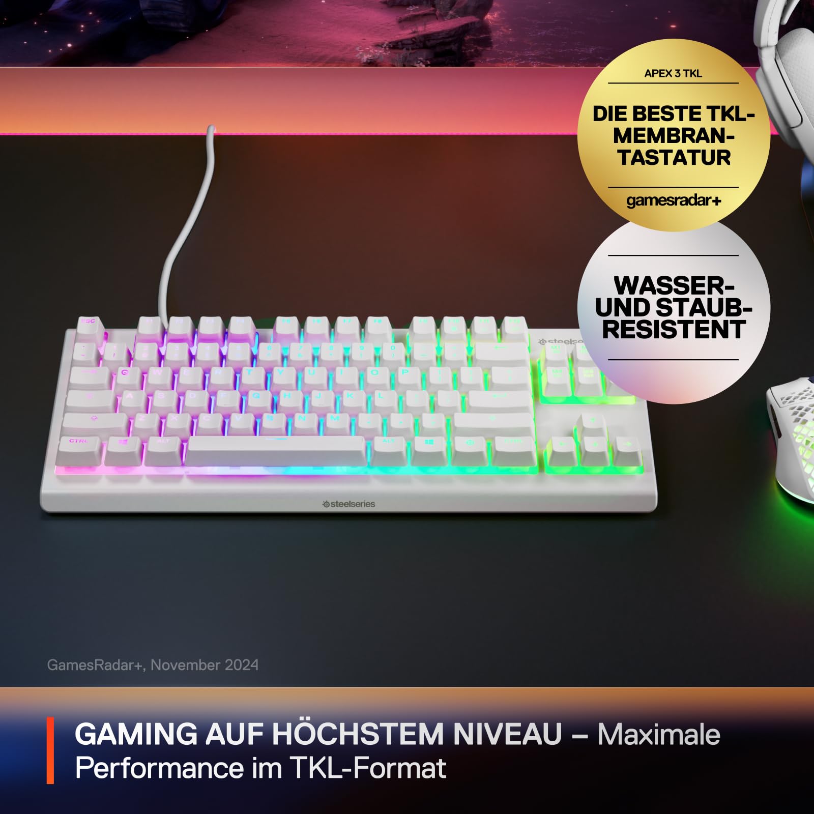 SteelSeries Apex 3 TKL White RGB Gaming-Tastatur – Kompakter Tenkeyless-Formfaktor – 8-Zonen-RGB-Beleuchtung – Wasser- und Staubresistenz – Flüsterleise Gaming-Switches - DE Layout QWERTZ 2