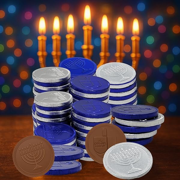 THE DREIDEL COMPANY 12-PACK BLUE & SILVER HANUKKAH MESH BAGS MILK CHOCOLATE COINS, HANUKKAH DESIGN GELT, NON GMO, KOSHER CERTIFIED OU-D