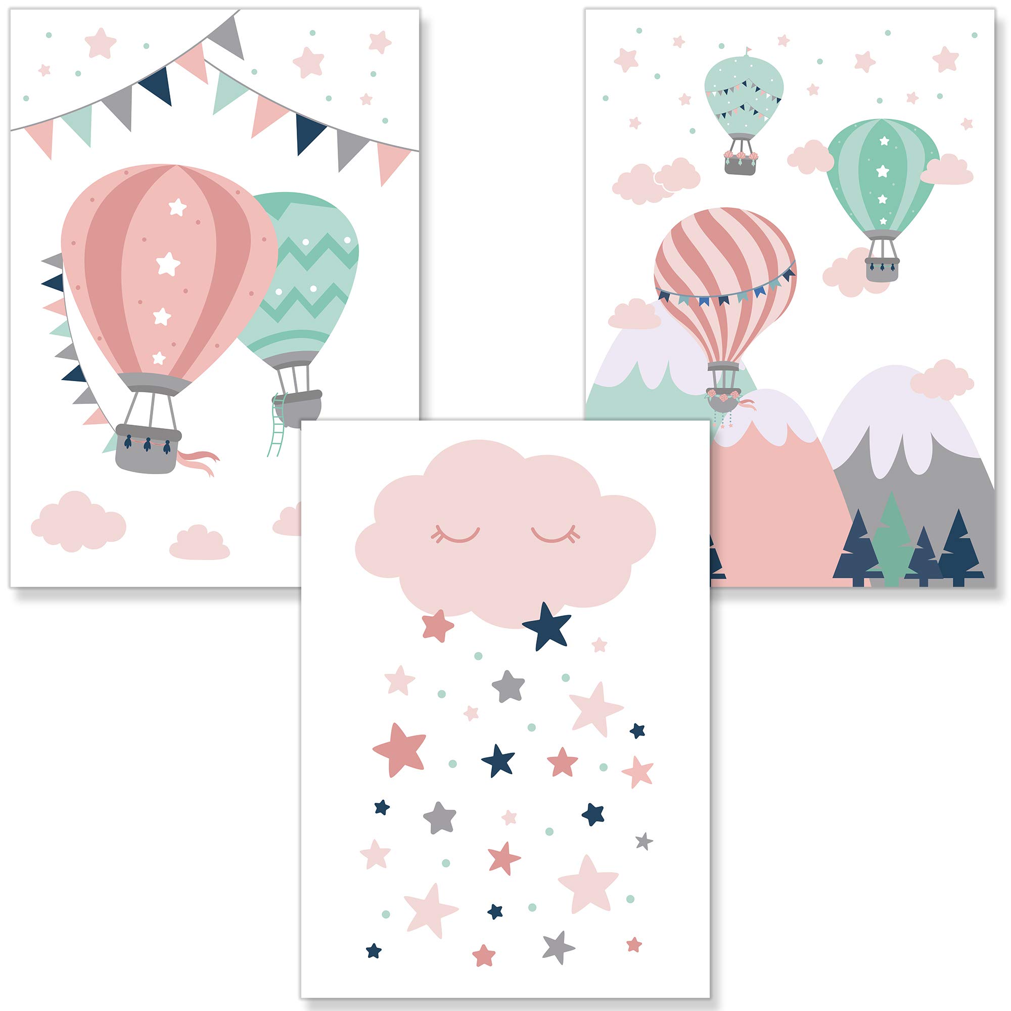 PREMYO Wall Art Prints Nursery Decor - Baby Room Decoration Girl - Kids Poster Set Hot Air Balloon Cloud Pink Picture A4