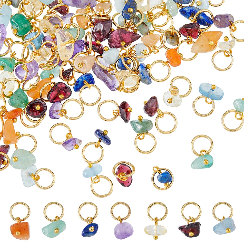 SUPERFINDINGS 84Pcs 7 Colors Natural Stone Pendants Mixed Gemstone Charms with Light Gold Stainless Steel Jump Ring Mixed Color Dangle Charms for Earring Necklace Bracelet Jewelry Making 14mm