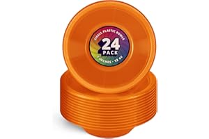 DecorRack 24 Small Plastic Bowls, 7 inch Disposable 12 oz Serving Bowl, Fruit Snack, Popcorn, Soup, and Salad, Kids Birthday and Holiday Party Supplies, Orange (Pack of 24)