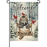 Artofy Welcome Winter Tabby Cat Small Decorative Garden Flag, Snowy Forest Swing Cardinal Yard Lawn Outside Decor Pet Owner Lover Gift, Christmas Burlap Outdoor Home Decoration Double Sided 12 x 18