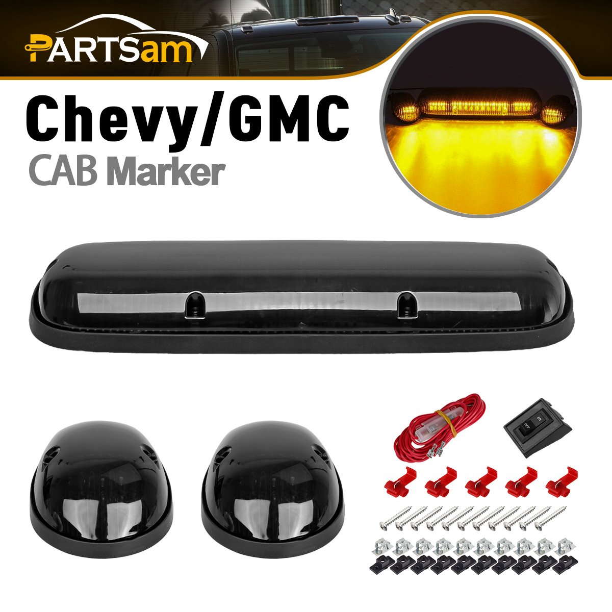 Partsam 3PCS 30LED Cab Marker Roof Running Lights Assembly Compatible with Chevrolet Silverado/GMC Sierra 1500 1500HD 2500 2500HD 3500 2002-2007 Trucks Lights + Wiring Pack