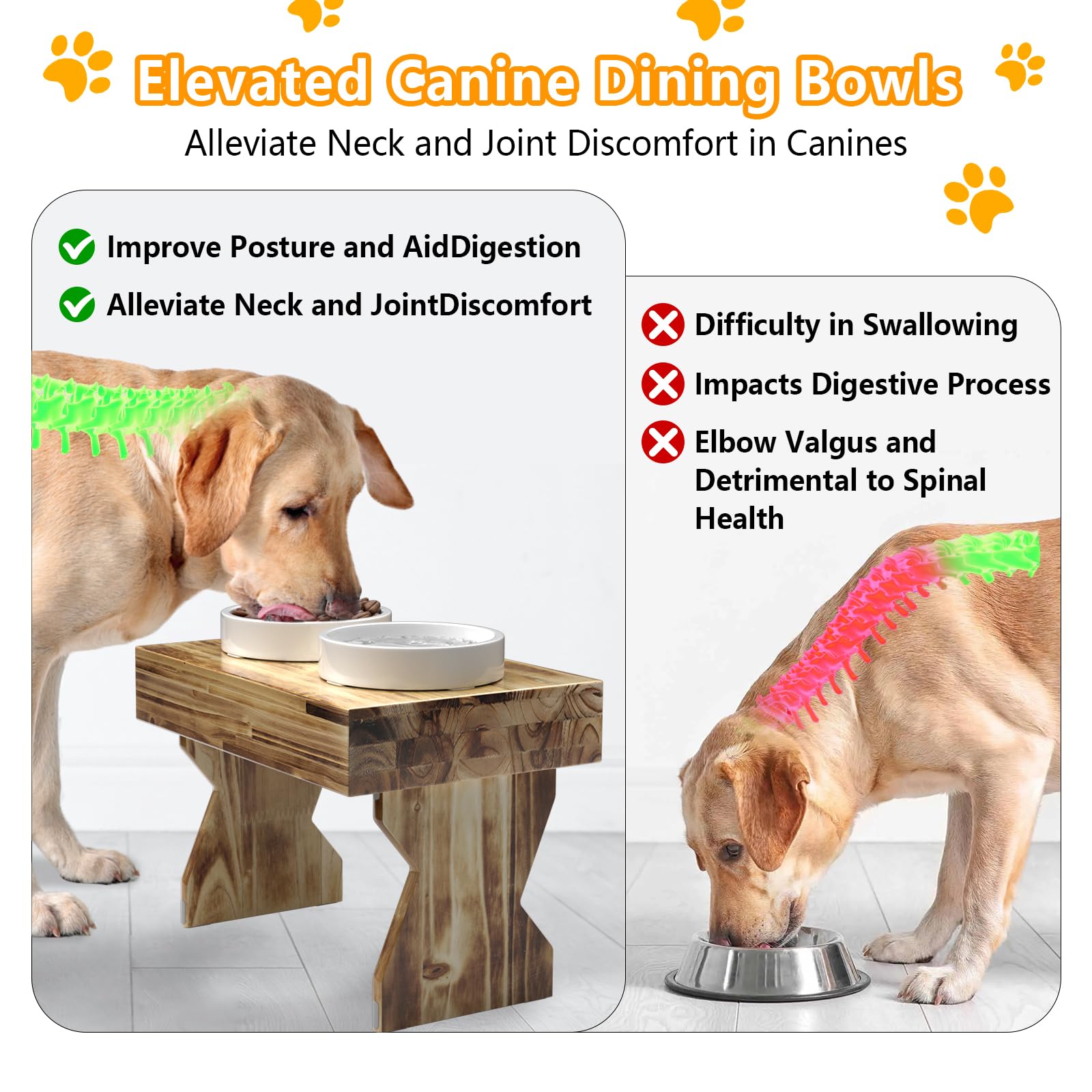 AMENER Elevated Dog Bowls for Medium/Large Dogs with Non-Slip Mat, 3 Height Adjustable Wood Stand Dog Raised Bowl with 2 Ceramic Pet Food Water Bowls(1.5L/50oz*2) (Lightwood)