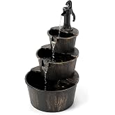 Happygrill 3-Tier Outdoor Barrel Waterfall Fountain with Electric Pump | Vintage Floor Tiered Waterfall Barrel with Cascading Water Flow, Wood Grain Barrel Pump Water Fountain for Patio Yard Porch
