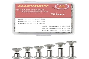 ALLOYMSYY 110 Sets Chicago Screws Leather Rivets Kit， for Binding Screws Trim and Repair Leather Craft Belt, Bag, Shoe, Purse Binding (Silver，M5*4.5.6.8.10.12.)