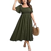 Plus Size Casual Maxi Boho Dress for Curvy Women Short Sleeve Square Neck Smocked Summer Beach Dresses Button Down