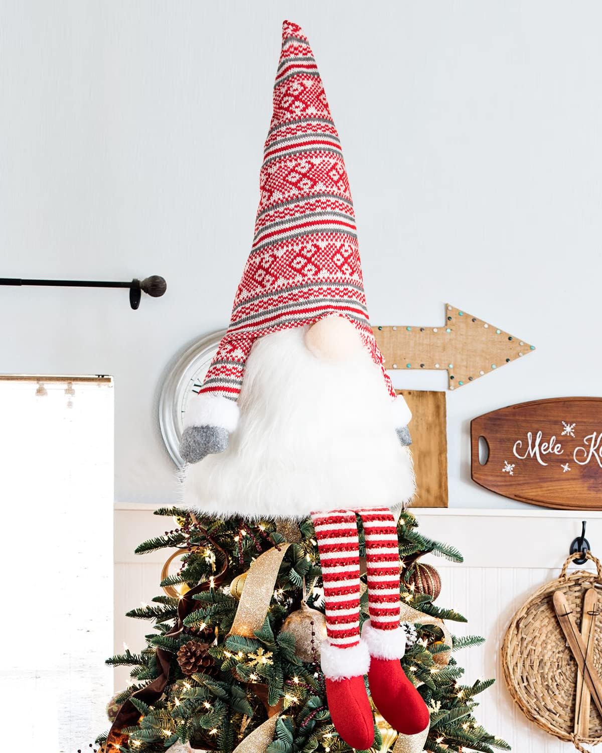 Tree Toppers - Ywlake Christmas Tree Topper Large Tomte Gnome Santa Ornaments 23 Inch, Plush Gnome with High Hat and Legs for Xmas Tree Home Fireplace Table Ornaments Decorations (Red)
