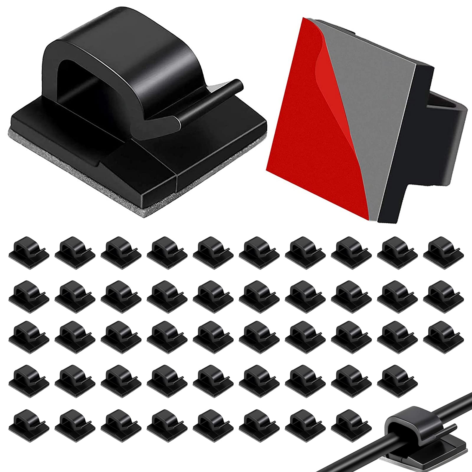 Cable Clips, 50pcs Upgraded Cable Straps with Strong Adhesive Tapes, Wire Clips, Cord Organizer, Wire Organizer, Cord Holder, Wire Management for Car, Office and Home(Black)