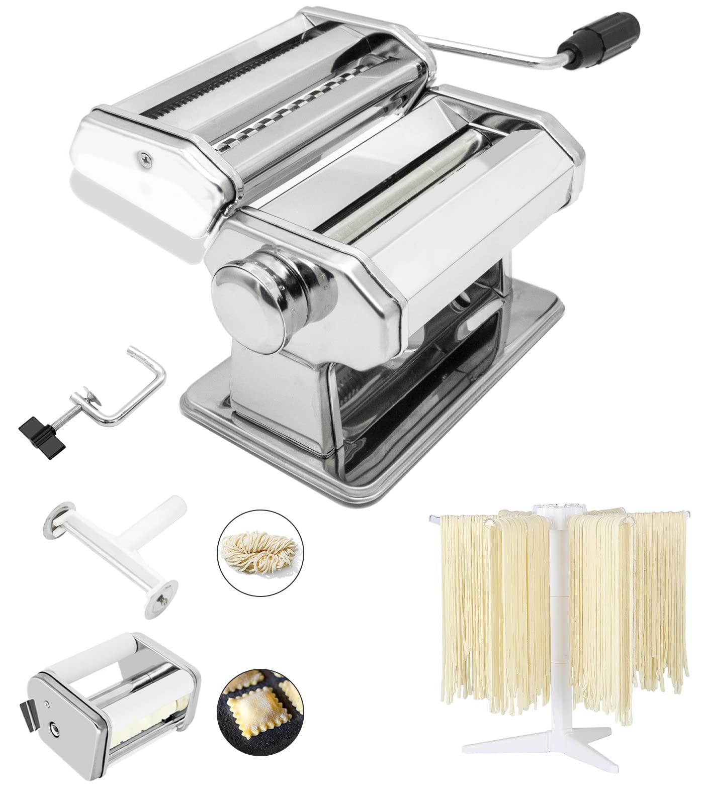 MZTOGR Pasta & Ravioli Maker, Set van 6-delige 150 mm stalen noedelmaker machine met 9 instelbare dikte-instellingen, inclusief ravioli maker bevestiging, pasta droogrek