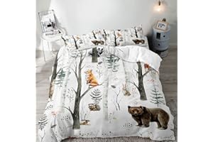 LUVIVIHOME VIVIHOME 2PCS Cartoon Woodland Forest Animal Duvet Cover, Twin Bedding, White Bedding, Baby Boys Girls Kids Bedding, Bear Deer Fox Wolf Rabbit Rustic Cabin Lodge Quilt Comforter Cover, 1 Pillowcase