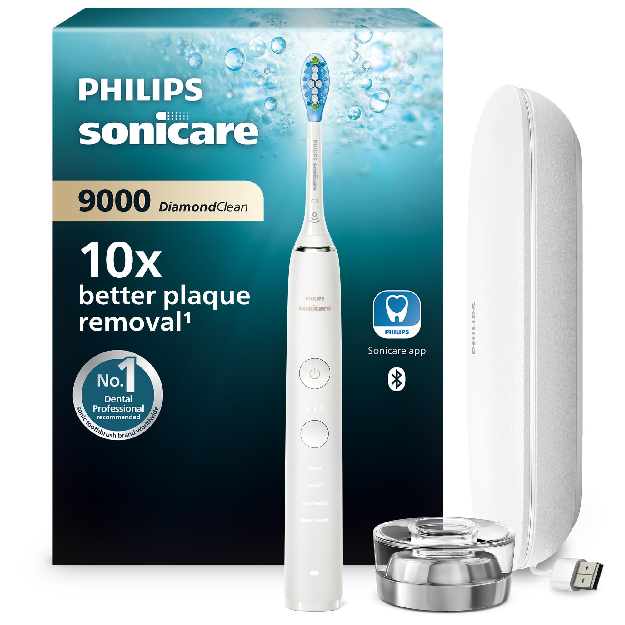 Philips Sonicare DiamondClean Series 9000 Electric Toothbrush - Sonic Brush, Cleaner Teeth and Gums, 1 X C3 Premium Plaque Control Brush Head (Model HX9911/63), White