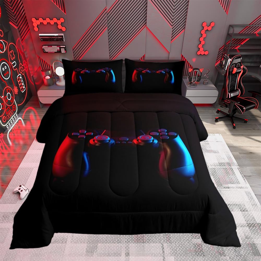 Loussiesd Teens Boys Gamer Duvet Black Gaming Bedding Set Video Game Gamepad Duvet Set Console Game Controller Comforter Set 1 Comforter with 2 Pillowcase (Double, 3Pcs)
