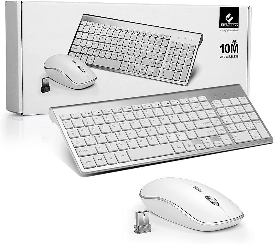 Wireless Keyboard and Mouse,JOYACCESS USB Slim Wireless Keyboard Mouse with Numeric Keypad Compatible with iMac Mac PC Laptop Tablet Computer Windows (Silver White): Computers & Accessories