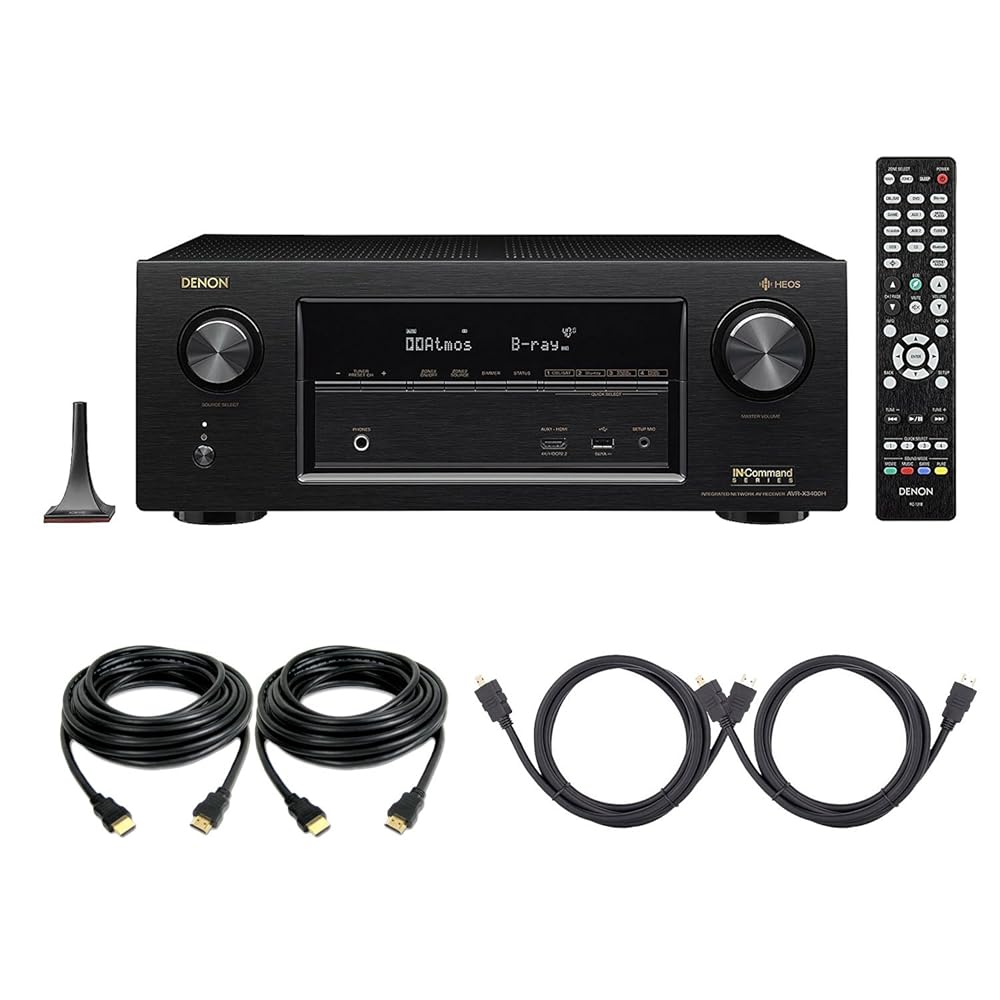 Denon AVRX3400H 7.2 Channel Full 4K Ultra HD Surround Network AV Receiver Amplifier with Built in Bluetooth & WiFi with HEOS, Dolby Atmos in Black with 4 HDMI Cables for Stereo Receiver Amplifier